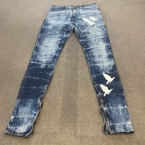 Golden Denim Jeans Mens 30x34 Blue Acid Wash Birds‎ Ankle Zip Moto Made In USA